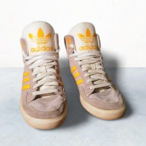 Adidas-  Extaball High Tops, light grey, white, gold/yellow, size 9 (womens)